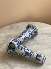 Load image into Gallery viewer, Pair of Blue + White Candlesticks
