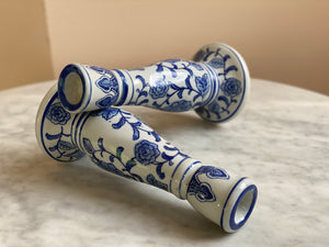 Pair of Blue + White Candlesticks