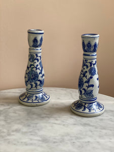 Pair of Blue + White Candlesticks