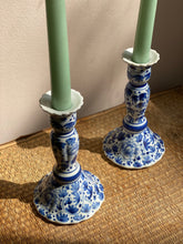 Load image into Gallery viewer, Scalloped Blue &amp; White Candlesticks
