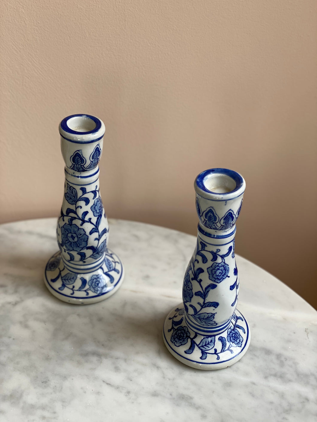 Pair of Blue + White Candlesticks